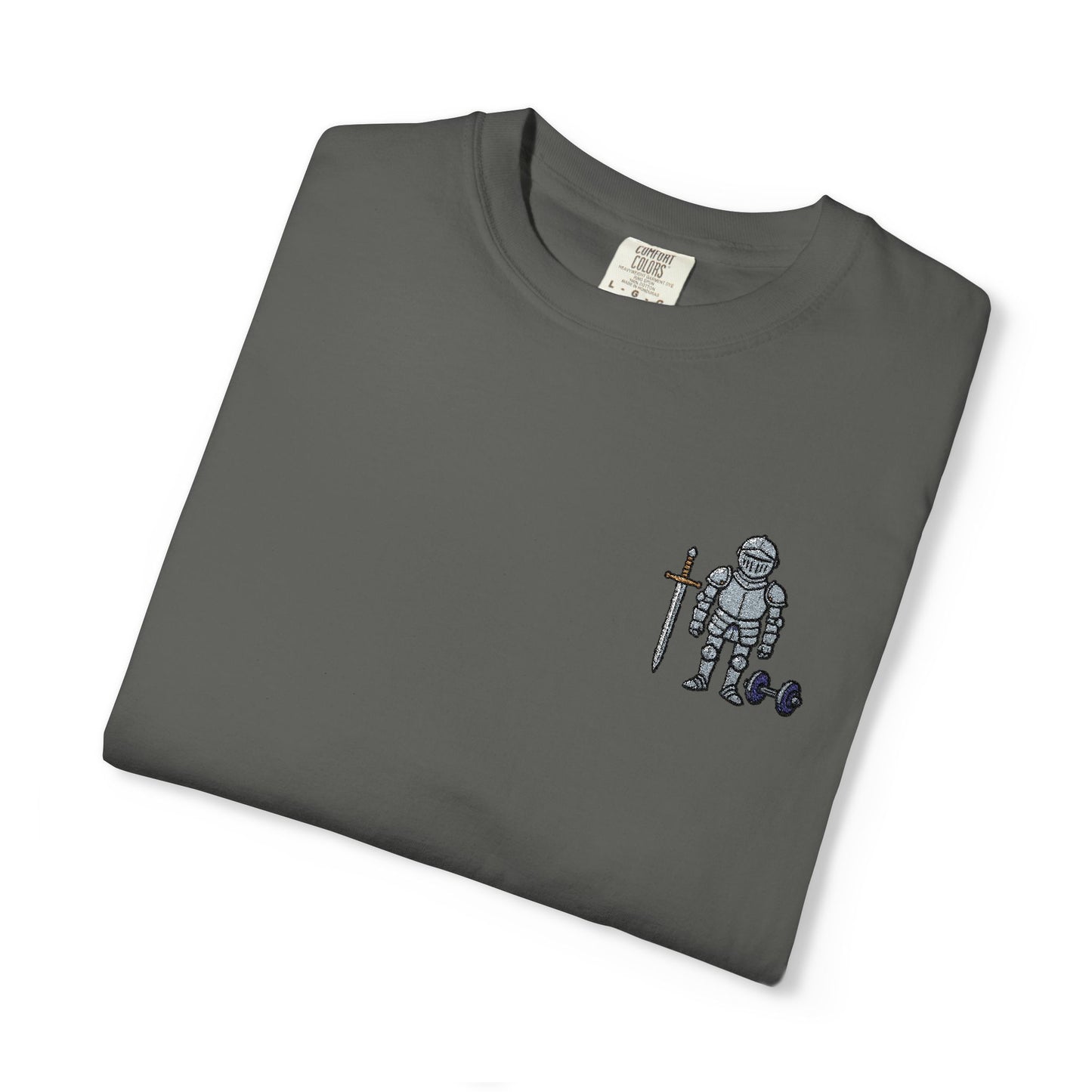 Medieval Armor Chest Embroidered T-Shirt — Sword & Dumbbell Gym Tee