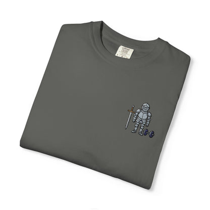 Medieval Armor Chest Embroidered T-Shirt — Sword & Dumbbell Gym Tee