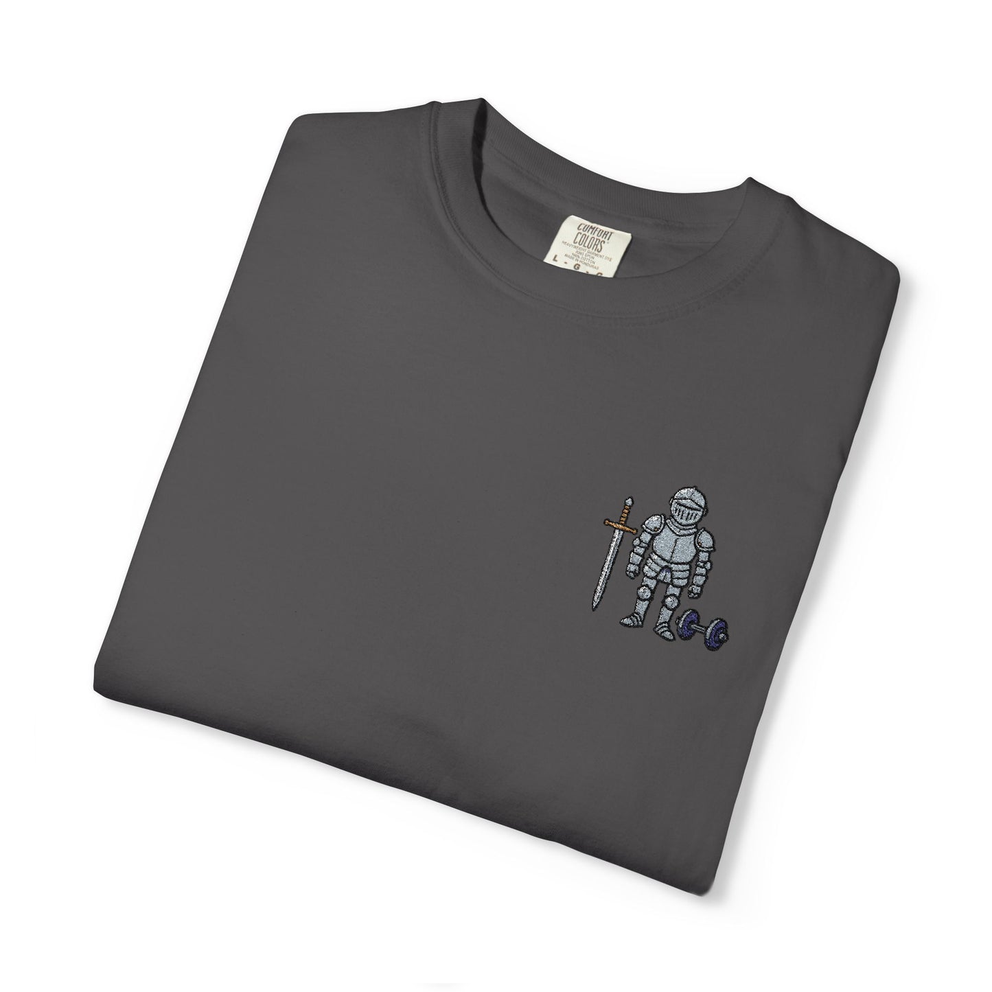 Medieval Armor Chest Embroidered T-Shirt — Sword & Dumbbell Gym Tee