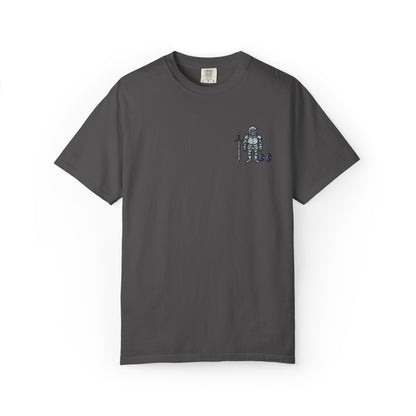 Medieval Armor Chest Embroidered T-Shirt — Sword & Dumbbell Gym Tee