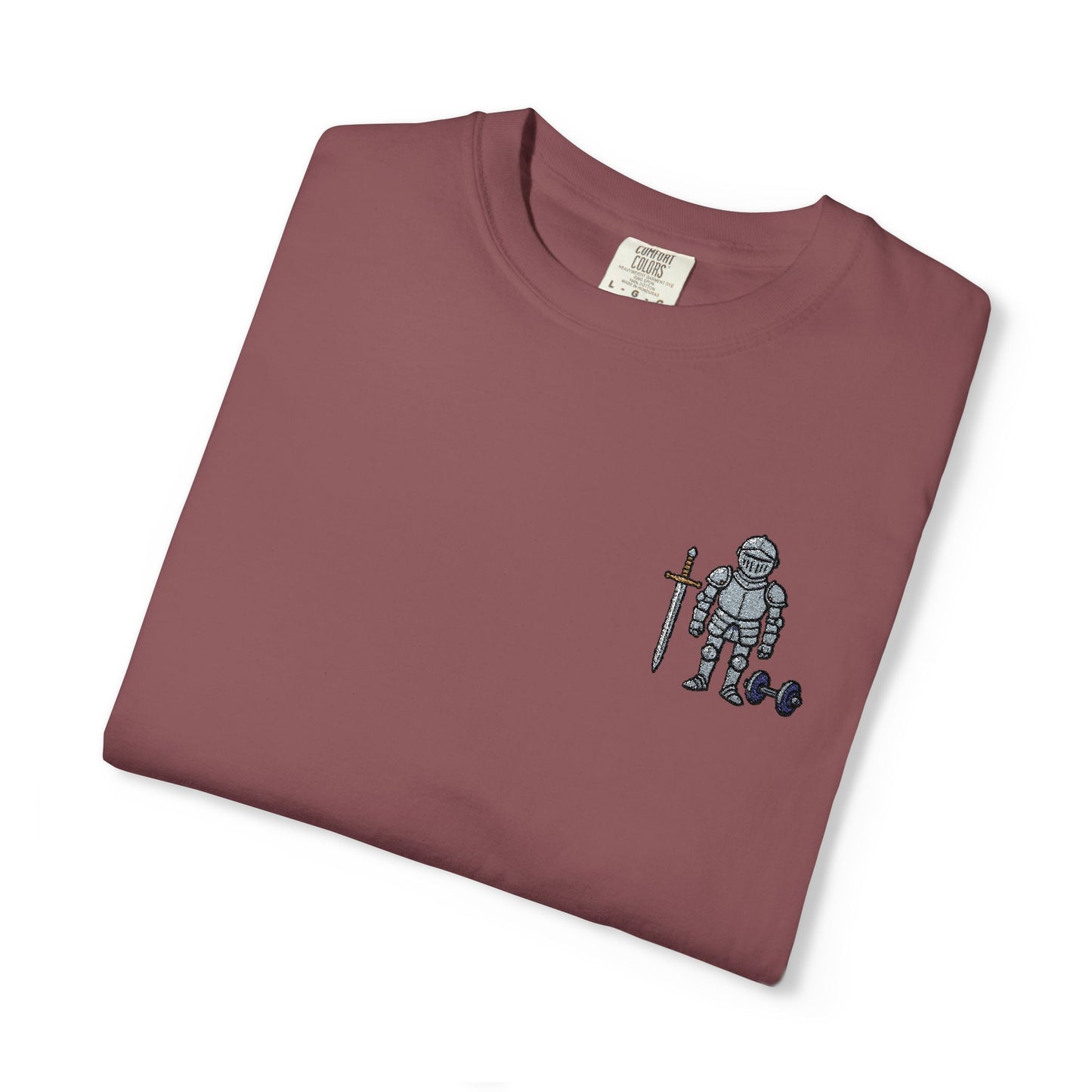 Medieval Armor Chest Embroidered T-Shirt — Sword & Dumbbell Gym Tee