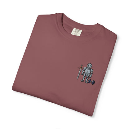 Medieval Armor Chest Embroidered T-Shirt — Sword & Dumbbell Gym Tee