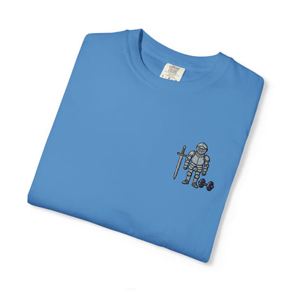 Medieval Armor Chest Embroidered T-Shirt — Sword & Dumbbell Gym Tee