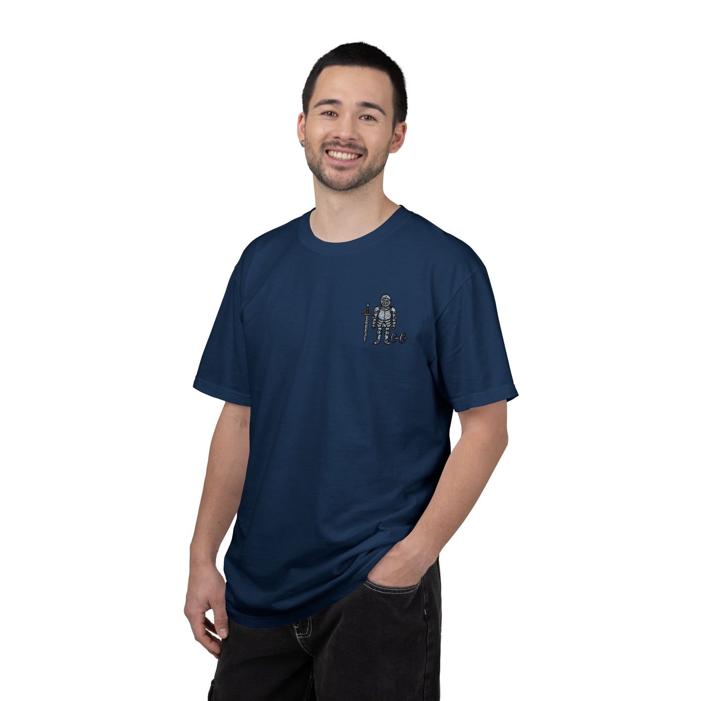 Medieval Armor Chest Embroidered T-Shirt — Sword & Dumbbell Gym Tee