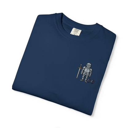 Medieval Armor Chest Embroidered T-Shirt — Sword & Dumbbell Gym Tee