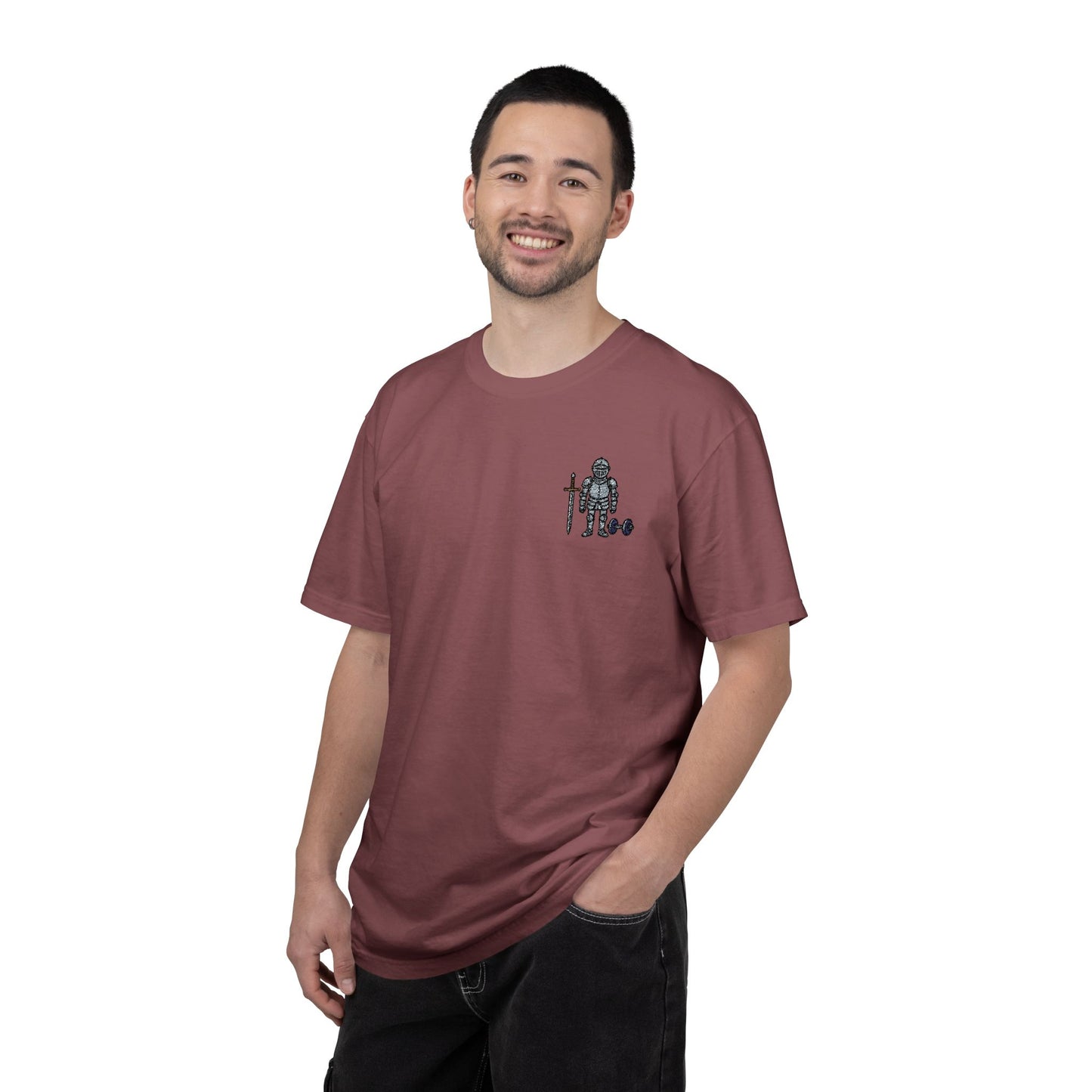 Medieval Armor Chest Embroidered T-Shirt — Sword & Dumbbell Gym Tee