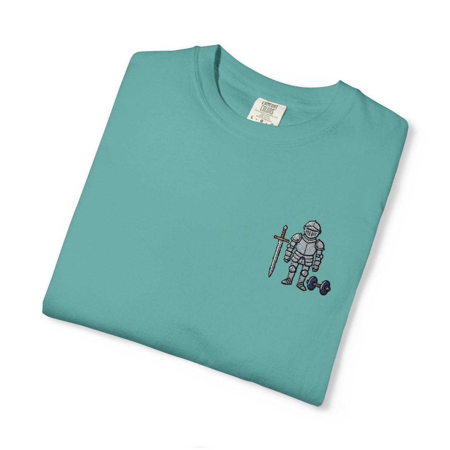 Medieval Armor Chest Embroidered T-Shirt — Sword & Dumbbell Gym Tee