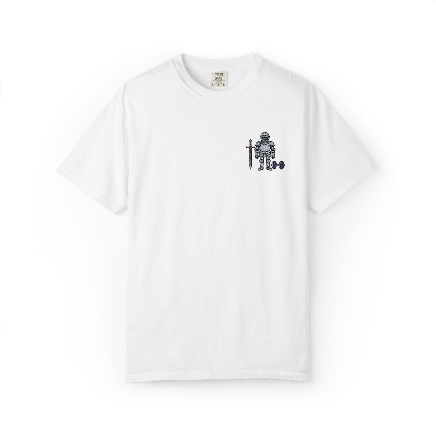 Medieval Armor Chest Embroidered T-Shirt — Sword & Dumbbell Gym Tee