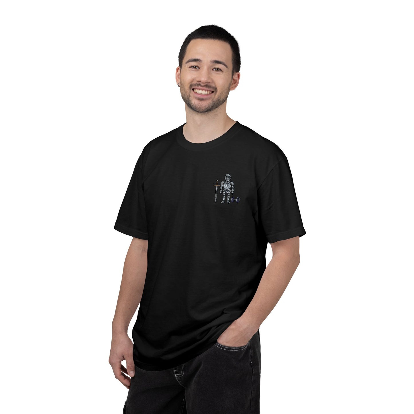 Medieval Armor Chest Embroidered T-Shirt — Sword & Dumbbell Gym Tee