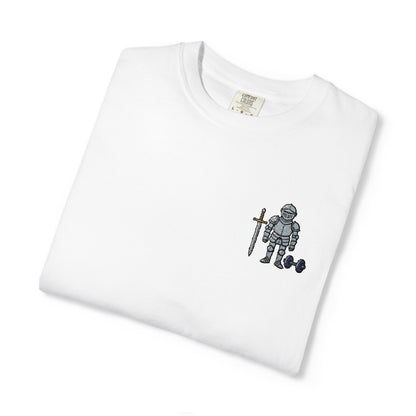 Medieval Armor Chest Embroidered T-Shirt — Sword & Dumbbell Gym Tee